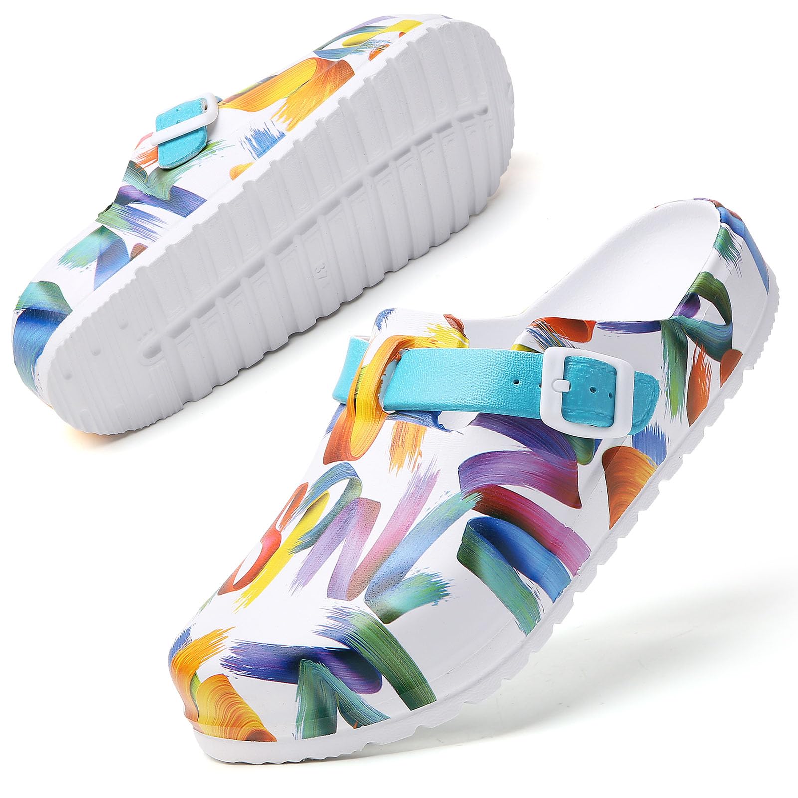 SECHRITE Zuecos de trabajo para mujer, con soporte de arco, antideslizantes, antideslizantes, para jardín, enfermera, chef, cocina, zapatos acolchados estampados
