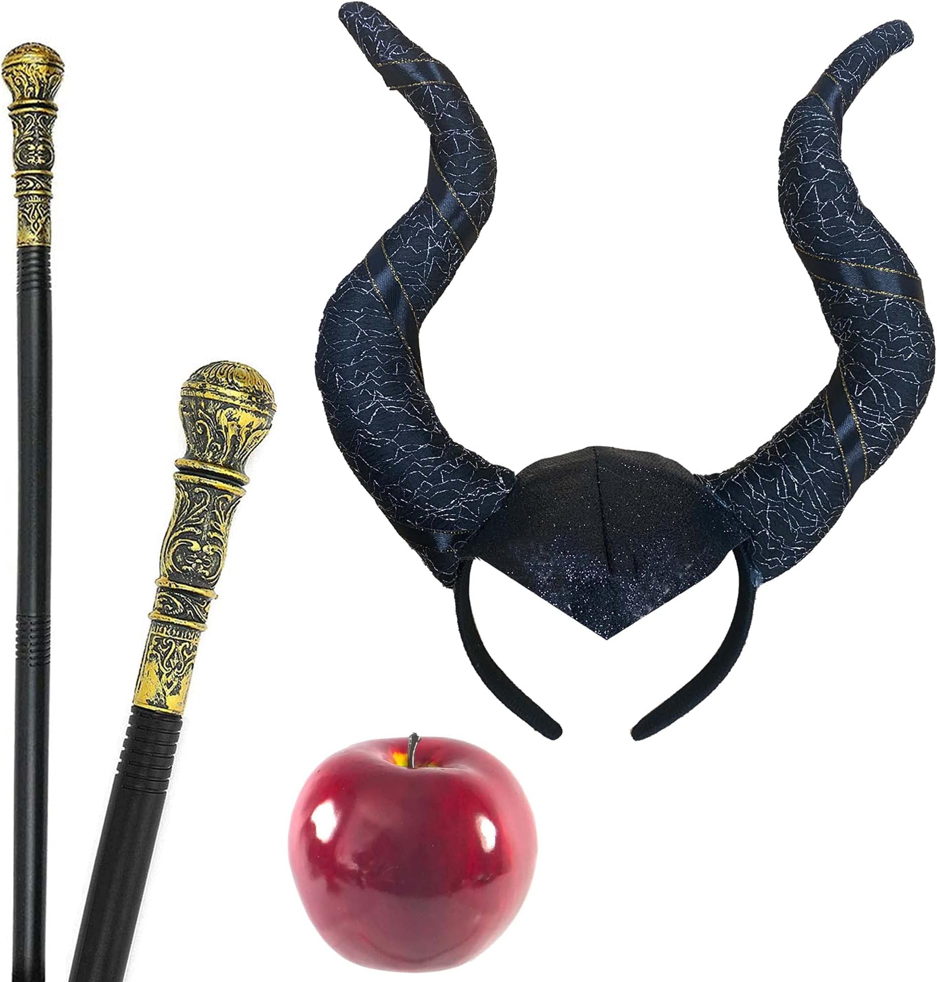 Evil Witch 3pc Horns Costume Set | Includes Black Queen Horns, Apple and Staff | Ideal For Halloween Costume Party, Fancy Dress Accessory, World Book Week Outfit