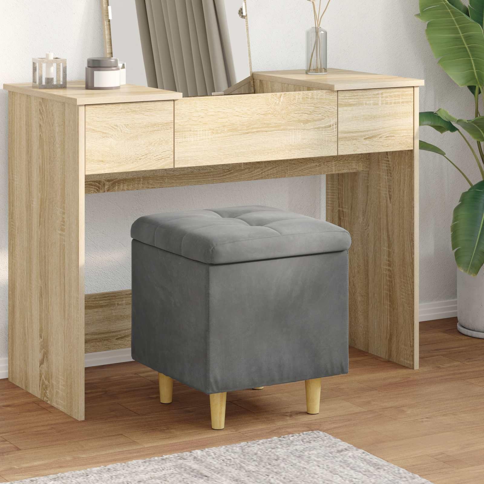 Taburete con espacio de almacenamiento, terciopelo, 40 x 40 | Tapicería de terciopelo con tapa plegable para dormitorio y sala de estar. Las patas estables ofrecen una capacidad de carga