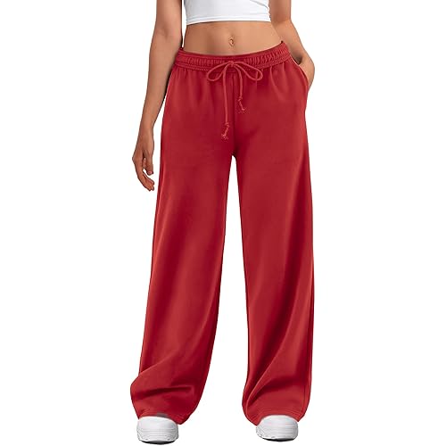 ATHMILE Women's Wide Leg Sweatpants High Waisted Baggy Interior Drawstring Joggers Straight Leg Sweat Pants with Pockets
