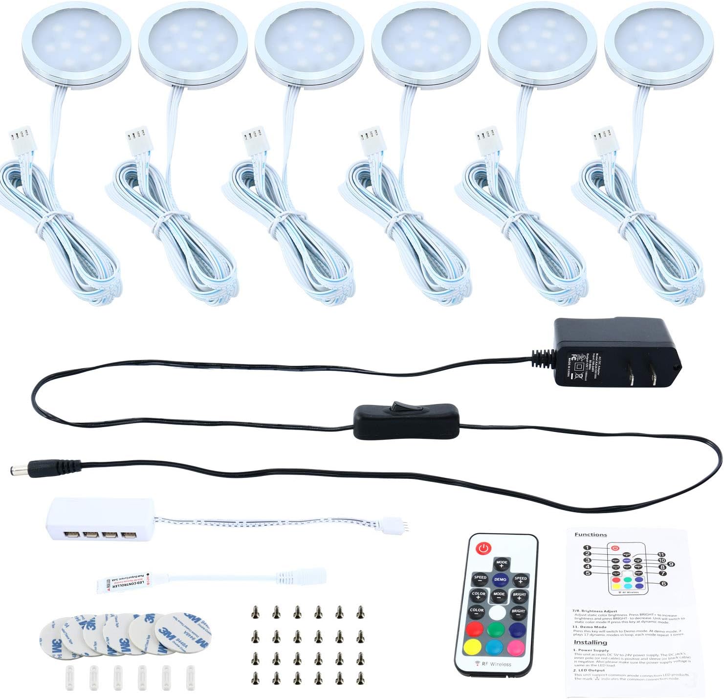 6 Pack Color Changing LED Light Kit Under Cabinet Lighting Kit Aluminum Slim Cabinet LED Puck Lights for Kitchen Counter Wardrobe Counter Furniture Shelf Ambiance Party Decoration Lighting