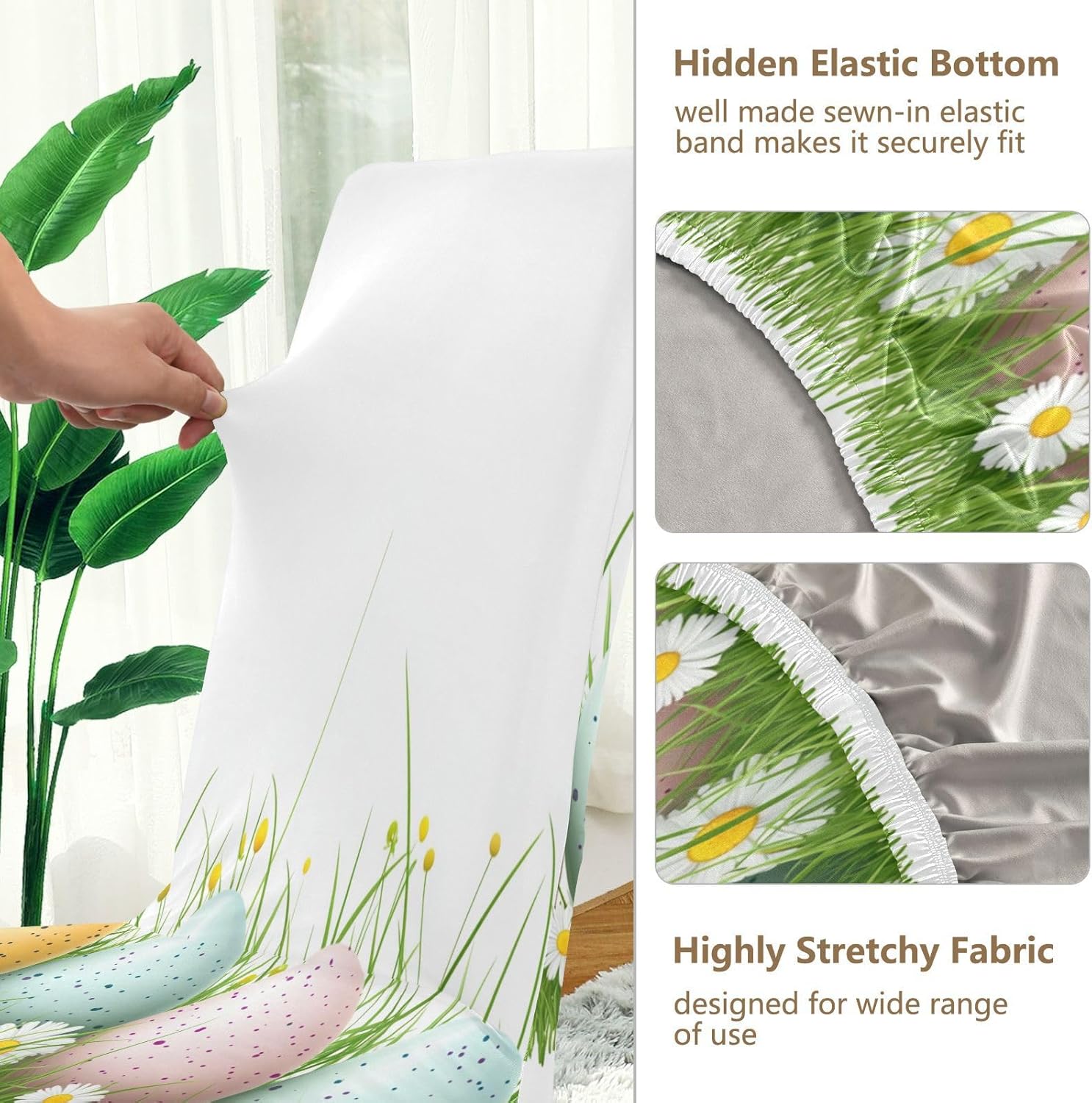 ALAZA Chair Covers for Dining Room, Easter Eggs Green Grass and Chamomile Stretch Chair Cover Sets Chair Protector Removable Washable for Ktichen Restaurant Hotel