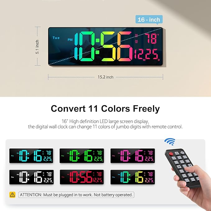 Reloj de pared digital grande 16" con control remoto LED RGB miniatura 2