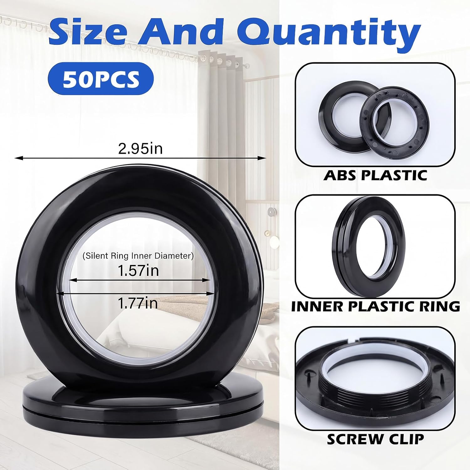 1 Pack Rotary Curtain Puncher and 50 Pack 1-9/16 Curtain Grommet Plastic Roman Ring Can Make Grommet Kit Hole Punch Cutter for Window Shower Drapery, Living Room (Black)