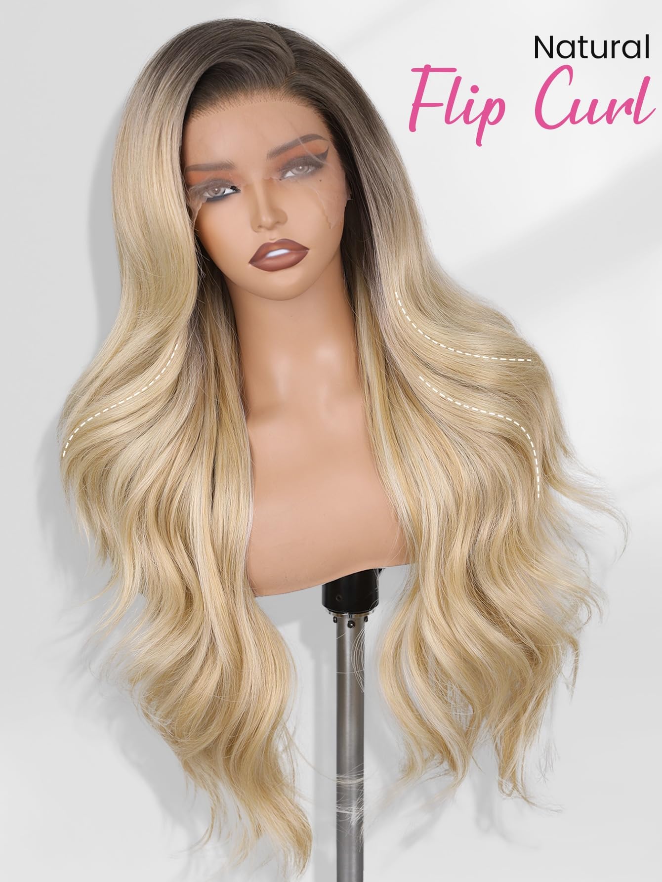 WIGNEE 13x6 Lace Front Wig Ombre Blond Flip Curl Salonowy Styl Dla Kobiet | Włókno Futura odporne na ciepło, Bezklejowa HD Lace Front falista peruka, 74 cm modne Flip Curl dla kobiet