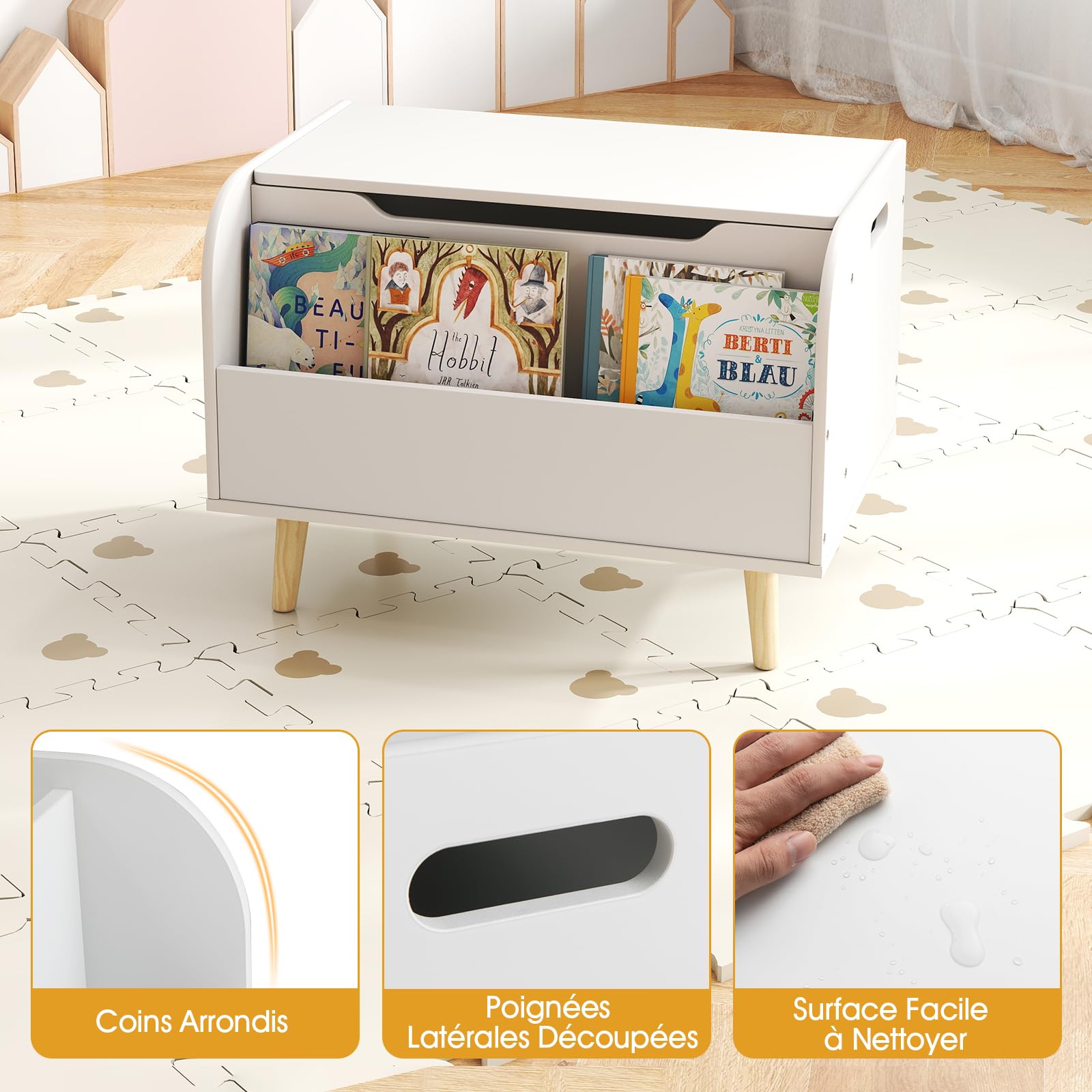 COSTWAY Coffre à Jouet Enfant avec Couvercle Rabattable et Bibliothèque Frontale, Coffre de Rangement Enfant avec 4 Pieds en Pin, Charnière de Sécurité, Organisateur pour 3 Ans+, 60x40x43cm (Blanc)