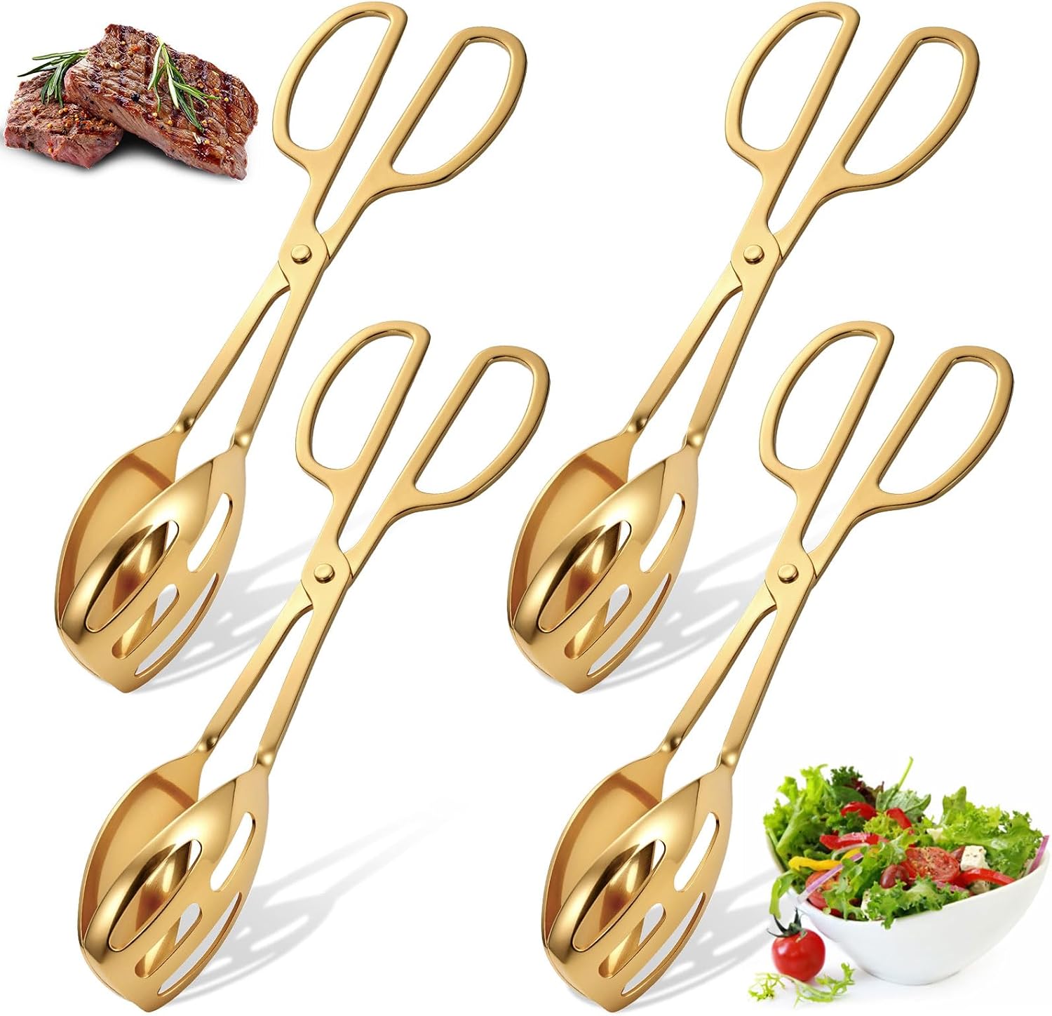 4 Pack Gold Salad Tongs for Serving, Stainless Steel Salad Tongs with Scissor Handles, Thickening Food Scissor Tongs for Buffet, Grill, Steak, Barbecue, Bread