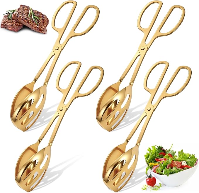 4 Pack Gold Salad Tongs for Serving, Stainless Steel Salad Tongs with Scissor Handles, Thickening Food Scissor Tongs for Buffet, Grill, Steak, Barbecue, Bread