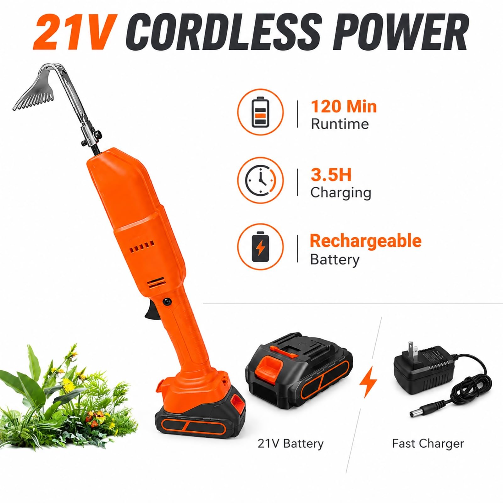 Azuche Cultivador Inalámbrico, Desbrozadora Eléctrica for Jardín Batería | Herramienta de Jardín 2 en 1 con 1 Baterías y Poste Telescópico, Azada Eléctrica for Aflojar el Suelo