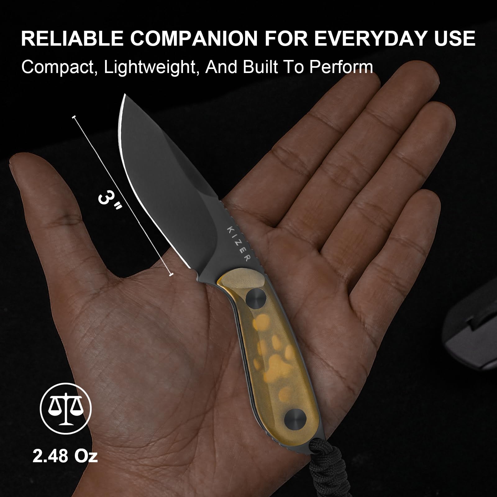 Kizer Buddy Jagdmesser EDC Messer mit Nitro V Klinge & PEI Griff, 1081A1 | 7,6 cm Drop Point Klinge Feststehende Messer mit Gelben Griff, Camping Messer mit Kydex Scheide für Outdoor Aktivitäten