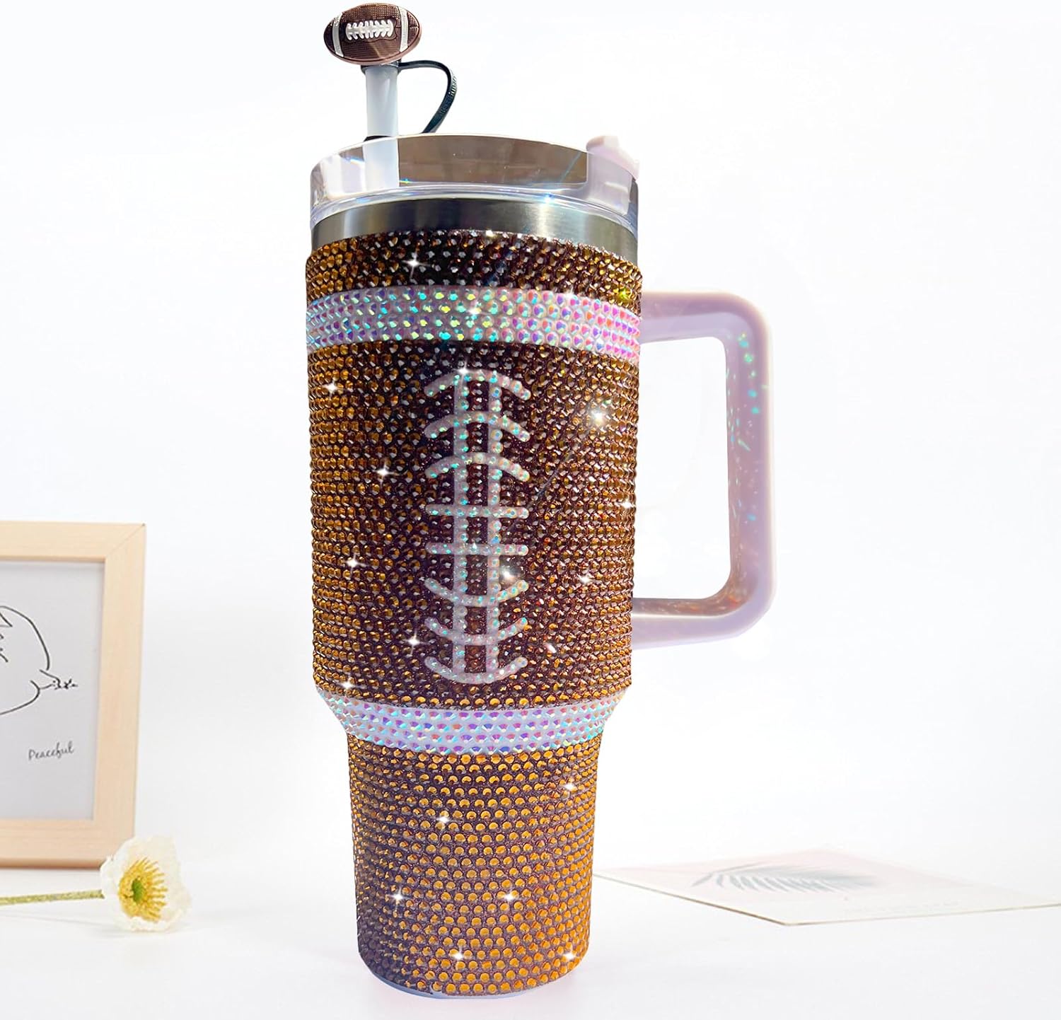 40 OZ Bling Tumbler with Handle and Straw,Football Stainless Steel Water Bottle,Large Rhinestone Tumbler for Women Girls with Cute Straw Covers Cap (Brown) - Image 6