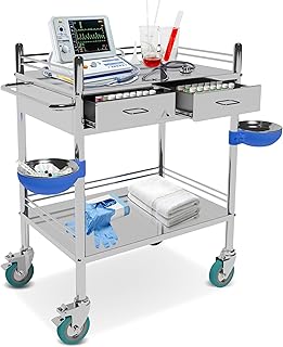 *Improved & Upgraded* Medical Stainless Steel 2 Tier Rolling Cart with Wheels and Drawers | Dental Hospital Nursing Trolley | Easy-to-Disinfect Phlebotomy Mobile Workstation
