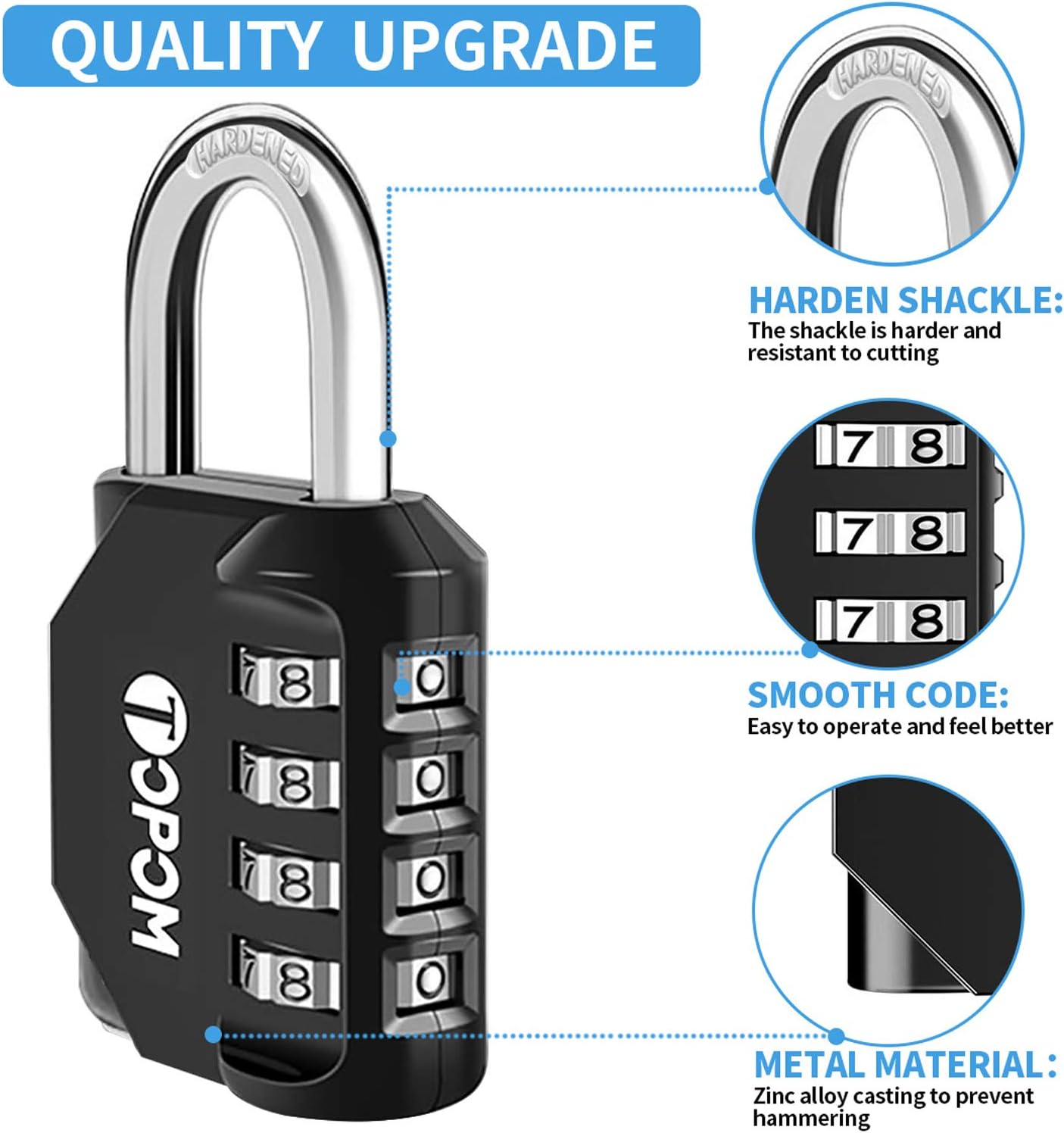 TOPOM Combination Lock 4 Digit Outdoor Waterproof Padlock for School Gym Sports Locker, Gate, Fence, Toolbox, Hasp Storage (Black, Pack of 2) - - 