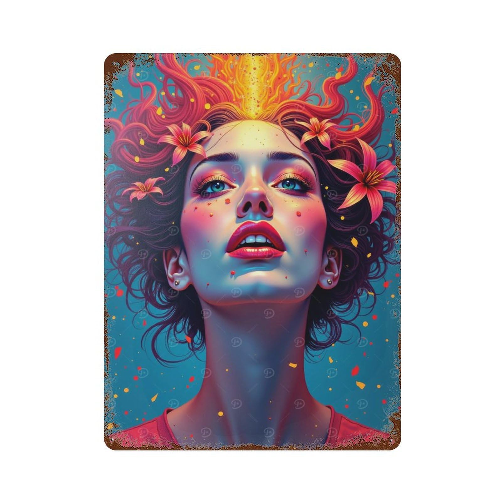 Rustic Tin Plaque with Surreal Human Portrait Design 15.7"x11.8", for Cafe, Home Bar And Lounge Decor, Industrial Home Decor