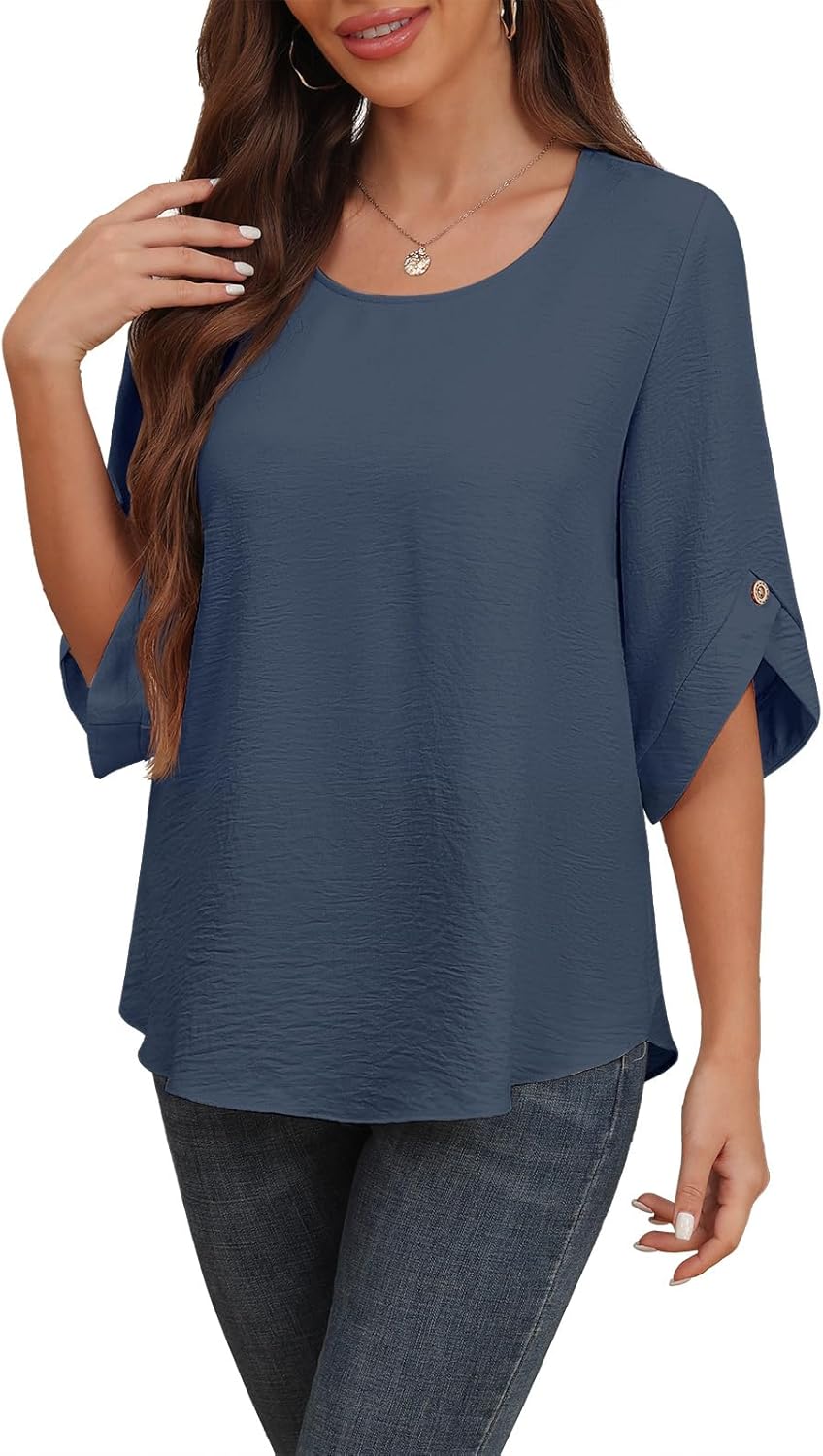 Askyes Women's 2026 Summer Chiffon Blouses Bell Short Sleeve Tshirts Casual Loose Flowy Dressy Work Tops for Leggings Blouse