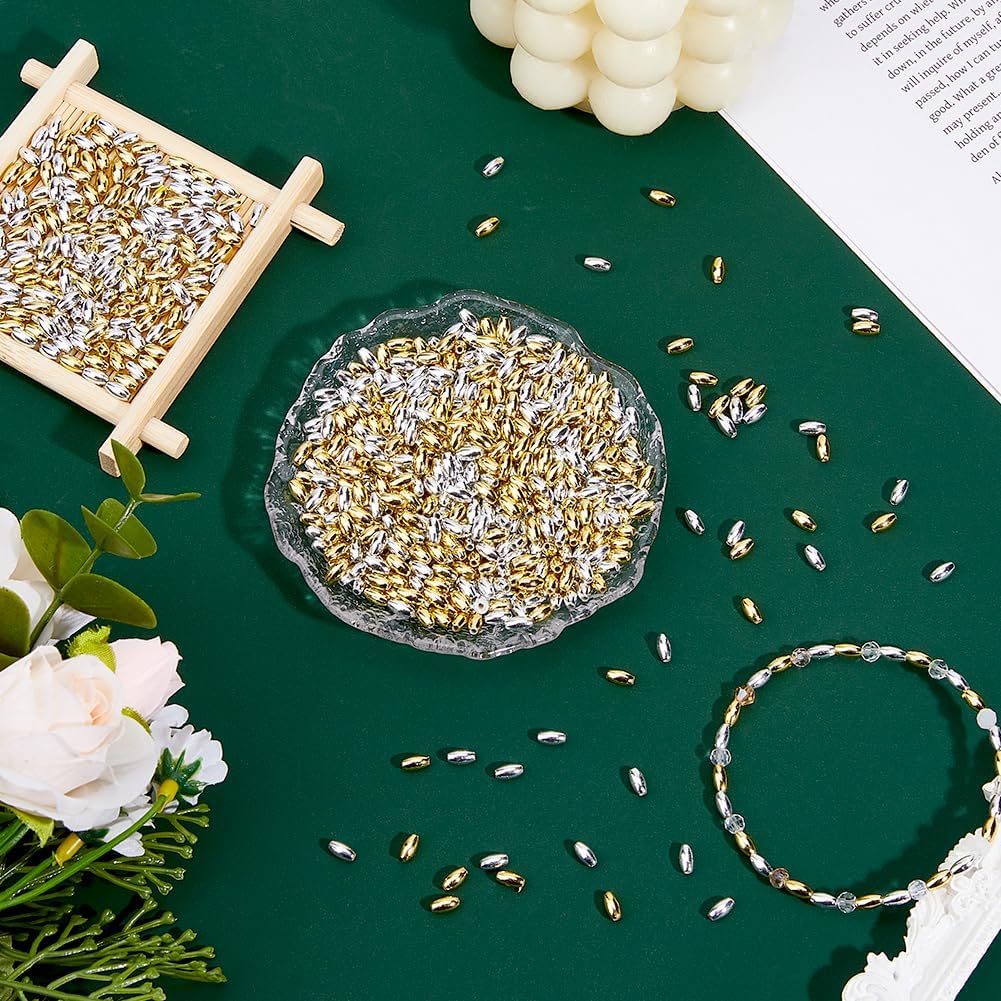 DICOSMETIC 1000Pcs 2 Colors Oval Bead Bulk Plastic Rice Beads Barrel Spacer Loose Beads 6x3mm Silver Golden Plated Bead for Bracelets Necklace Jewelry Making DIY Findings, Hole: 1mm - Image 4