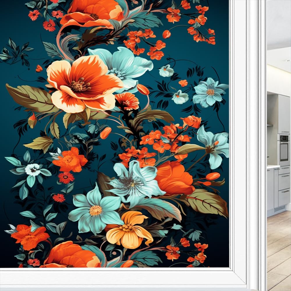 Rustic Floral Window Film Privacy Modern Colorful Botanical Flowers Decorative Stained Glass Decal for Home, Adhesive Window Sticker 31.5Wx55.1L inch