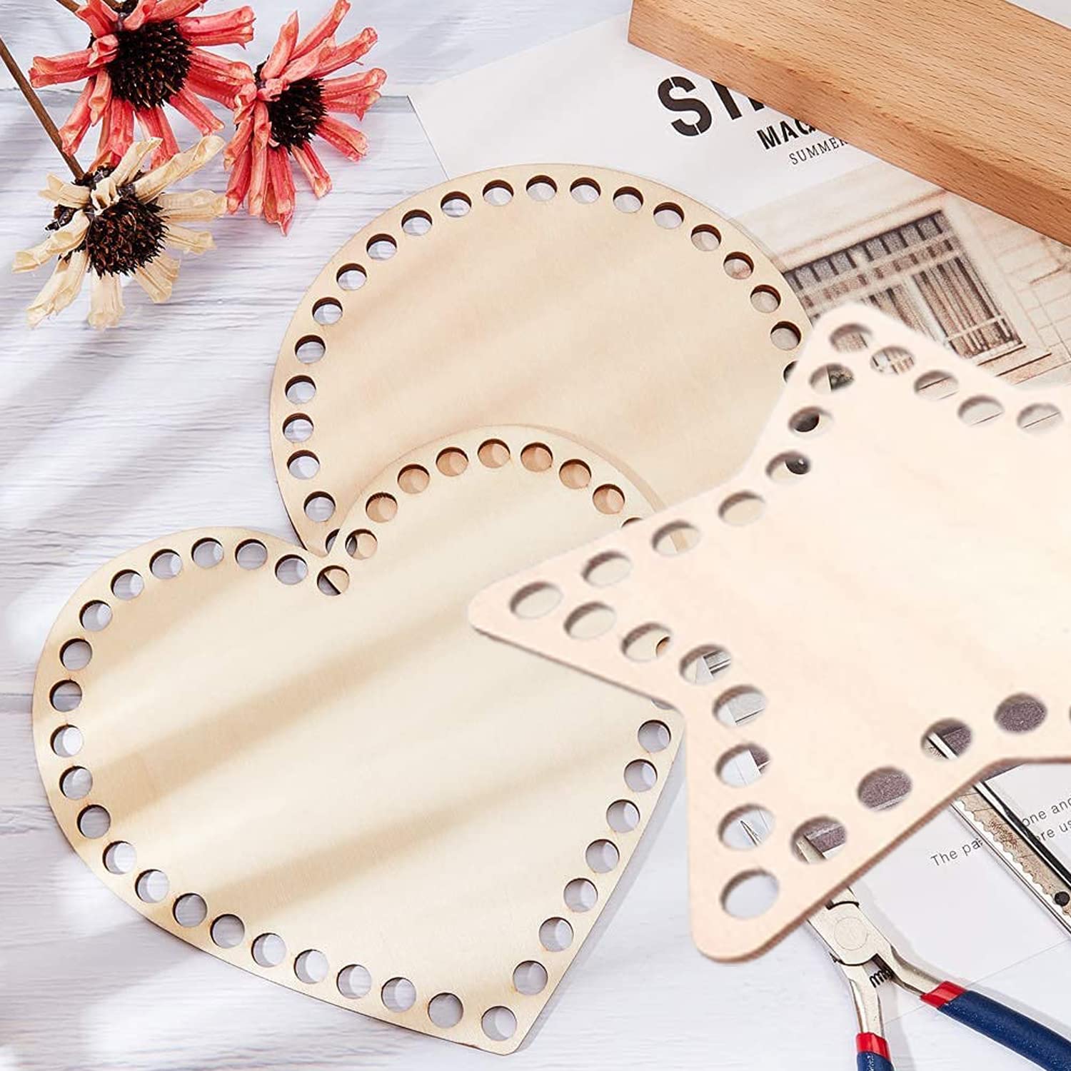 6 Basi In Legno Per Uncinetto - Forme Cuore, Tondo E Stella, 10x10 Cm, Per Cesti Fai Da Te - Foto 7