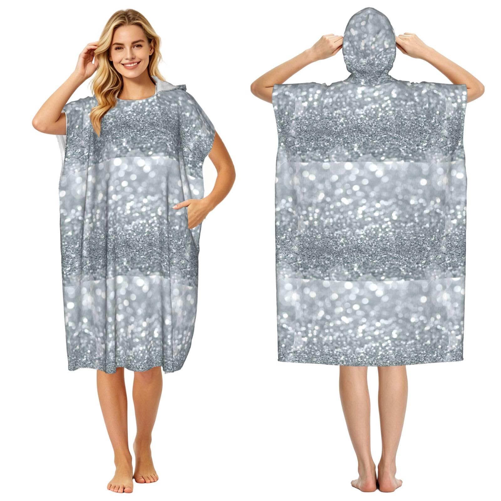 Poadnly White Silver Glitter Bokeh Glam Trendy Sparkle, Adult Hooded Beach Towel 90 x 110 cm,Changing Bath Robe, Surf Poncho Towel For Women Men