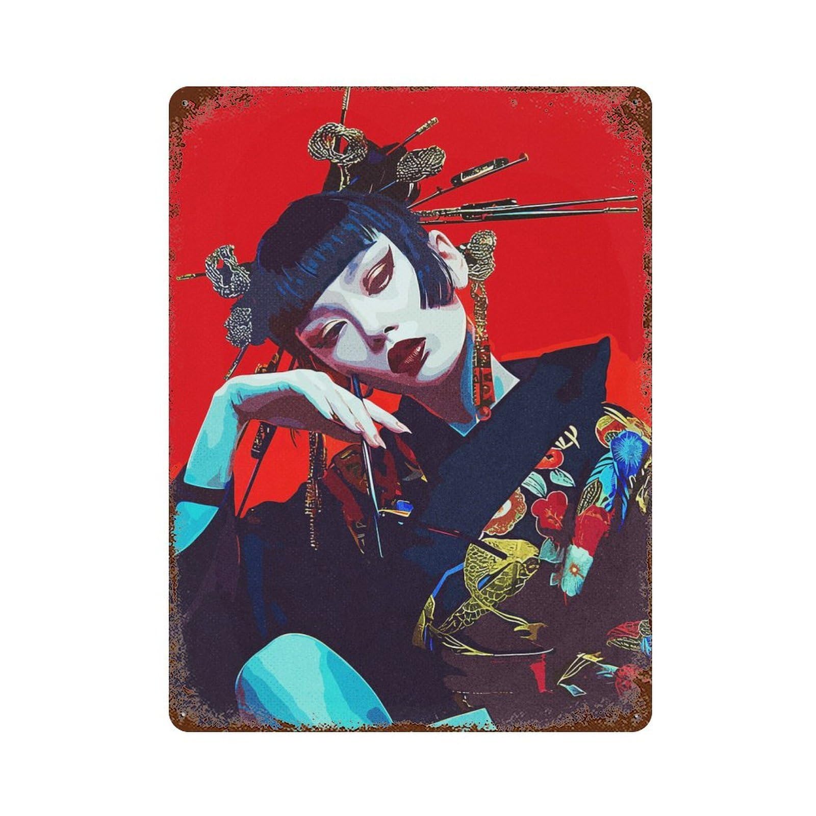 Japan Geisha Rust Effect Tin Sign 15.7"x11.8", Rustic Home Decor for Garage, Bar And Workshop Decor