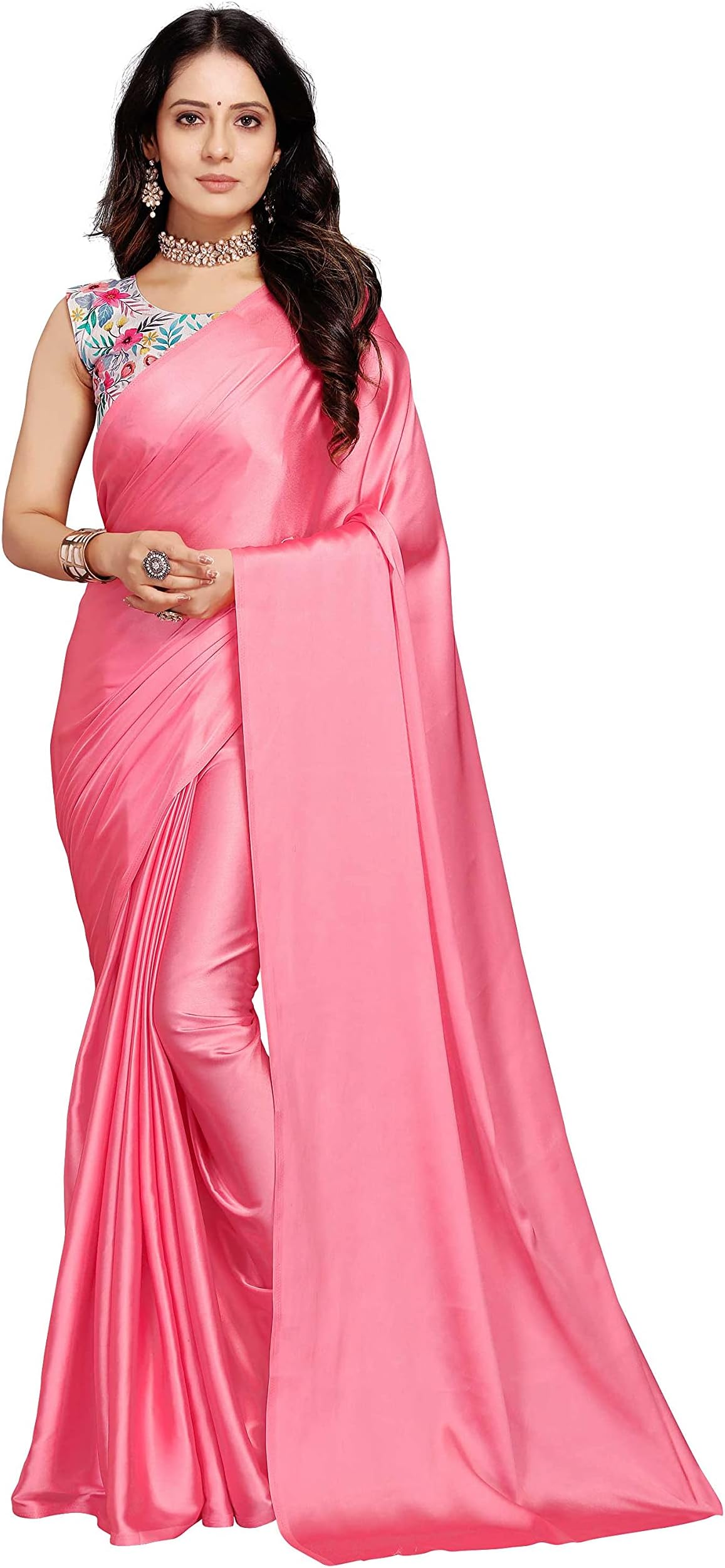 ANANT DESIGNER STUDIO women's Soft Satin Silk Plain Saree With Art Silk Digital Printed Unstiched Designer Blouse