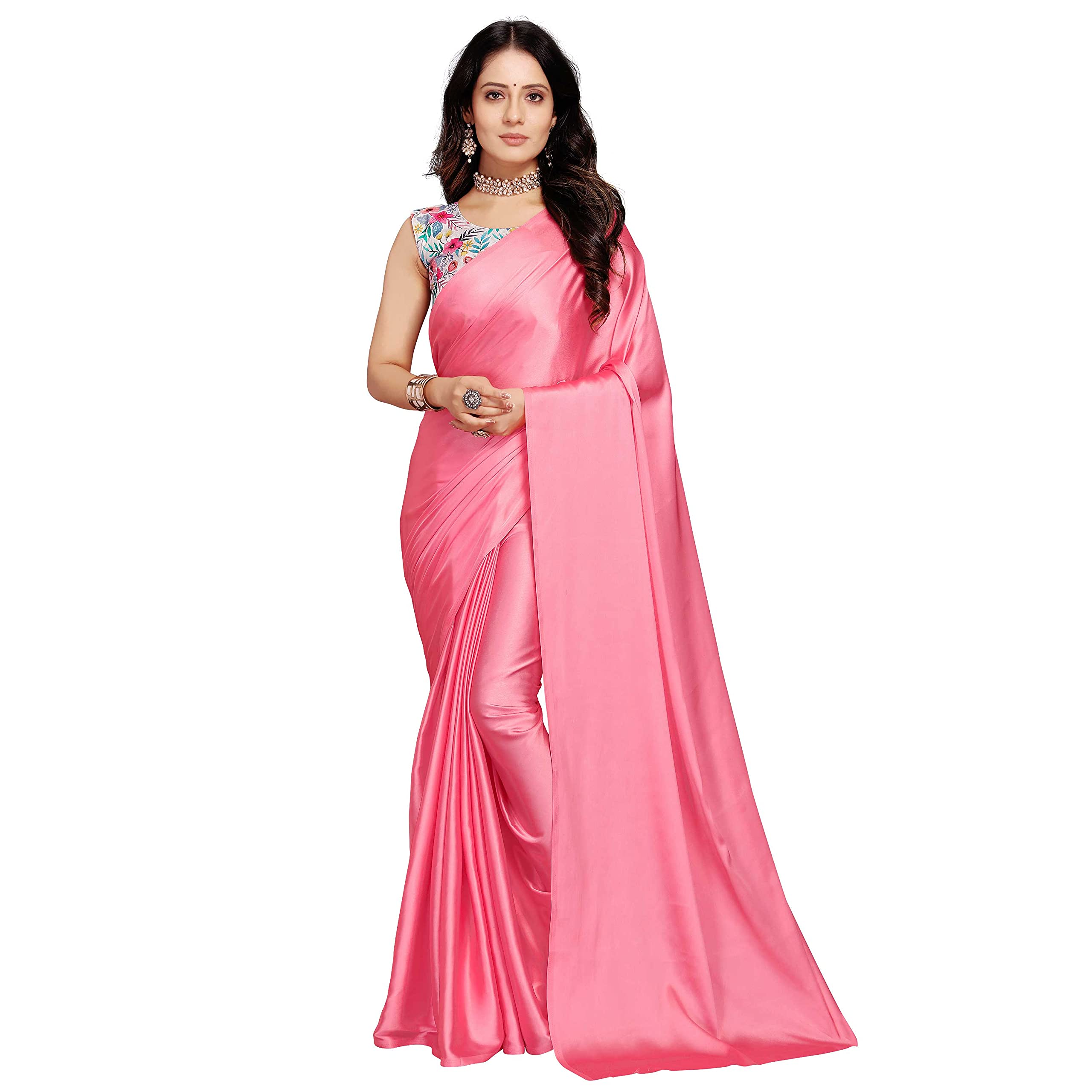 ANANT DESIGNER STUDIO women's Soft Satin Silk Plain Saree With Art Silk Digital Printed Unstiched Designer Blouse