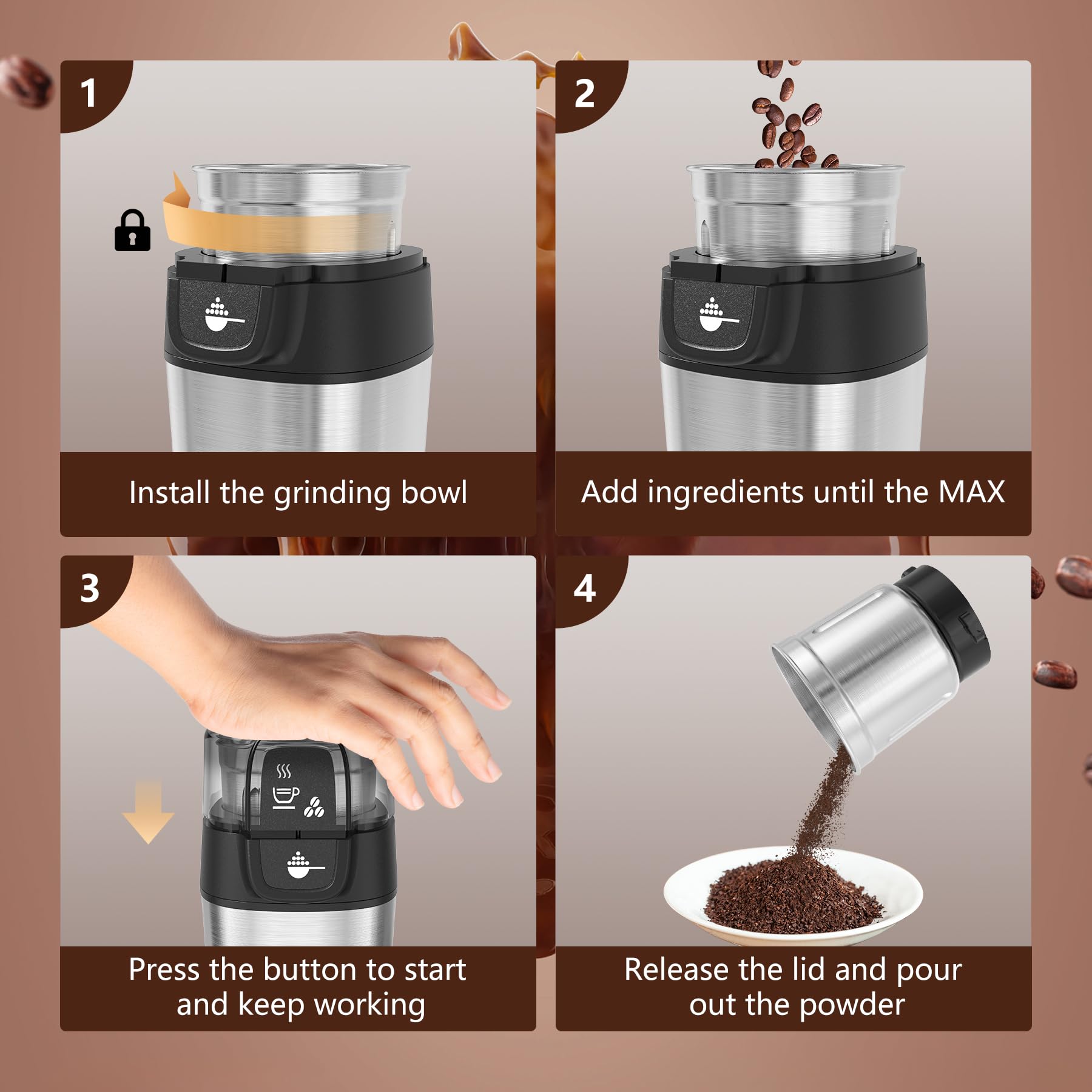 OMISOON Macina Caffe' Elettrico 200W, Macinacaffè Elettrico con Contenitori Rimovibili in acciaio inossidabile, 70g Capacità, per Chicchi di Caffè, Spezie, Cereali, Pepe, Noci