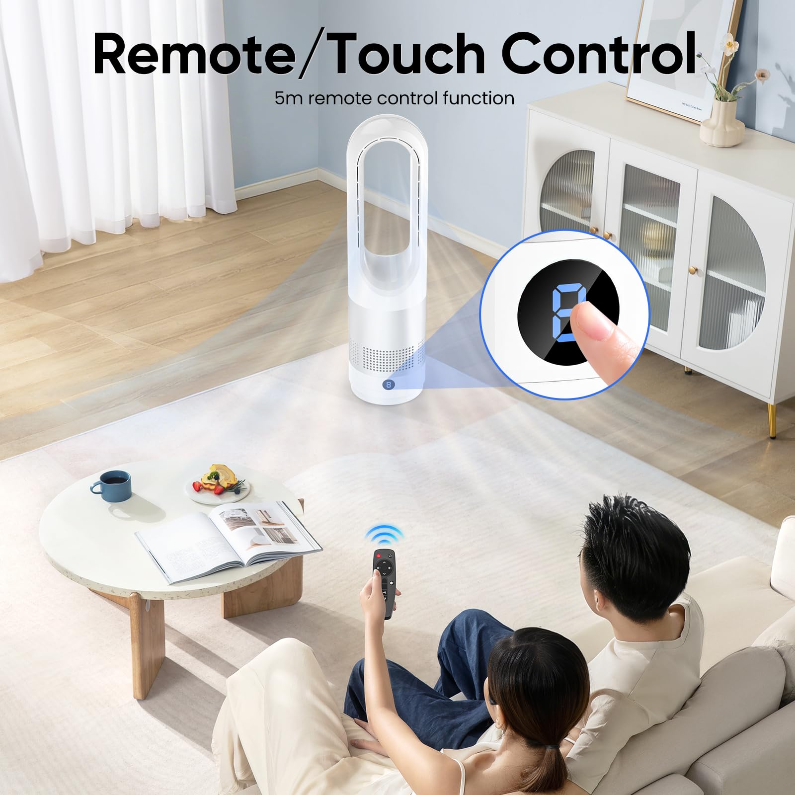 Ventilatore senza rotore con telecomando, oscillazione a 80°, con timer da 8 ore, silenzioso, controllo touch, raffreddamento ad aria, ventilatore sicuro senza pale per camera da letto (argento)
