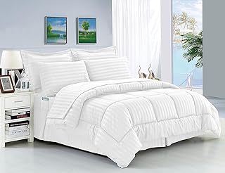 Elegant Comfort Wrinkle Resistant - Silky Soft Dobby Stripe Bed-in-a-Bag 8-Piece Comforter Set, Full/Queen, White