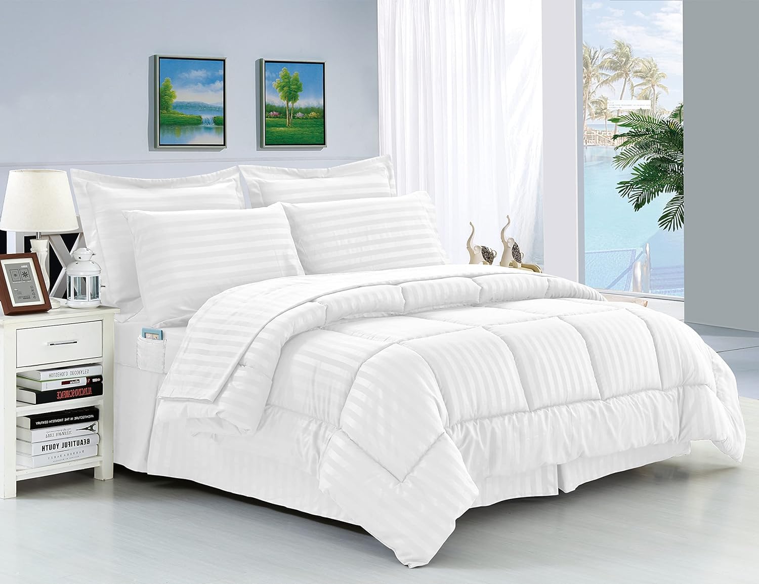Elegant Comfort Wrinkle Resistant - Silky Soft Dobby Stripe Bed-in-a-Bag 8-Piece Comforter Set - Full/Queen, White