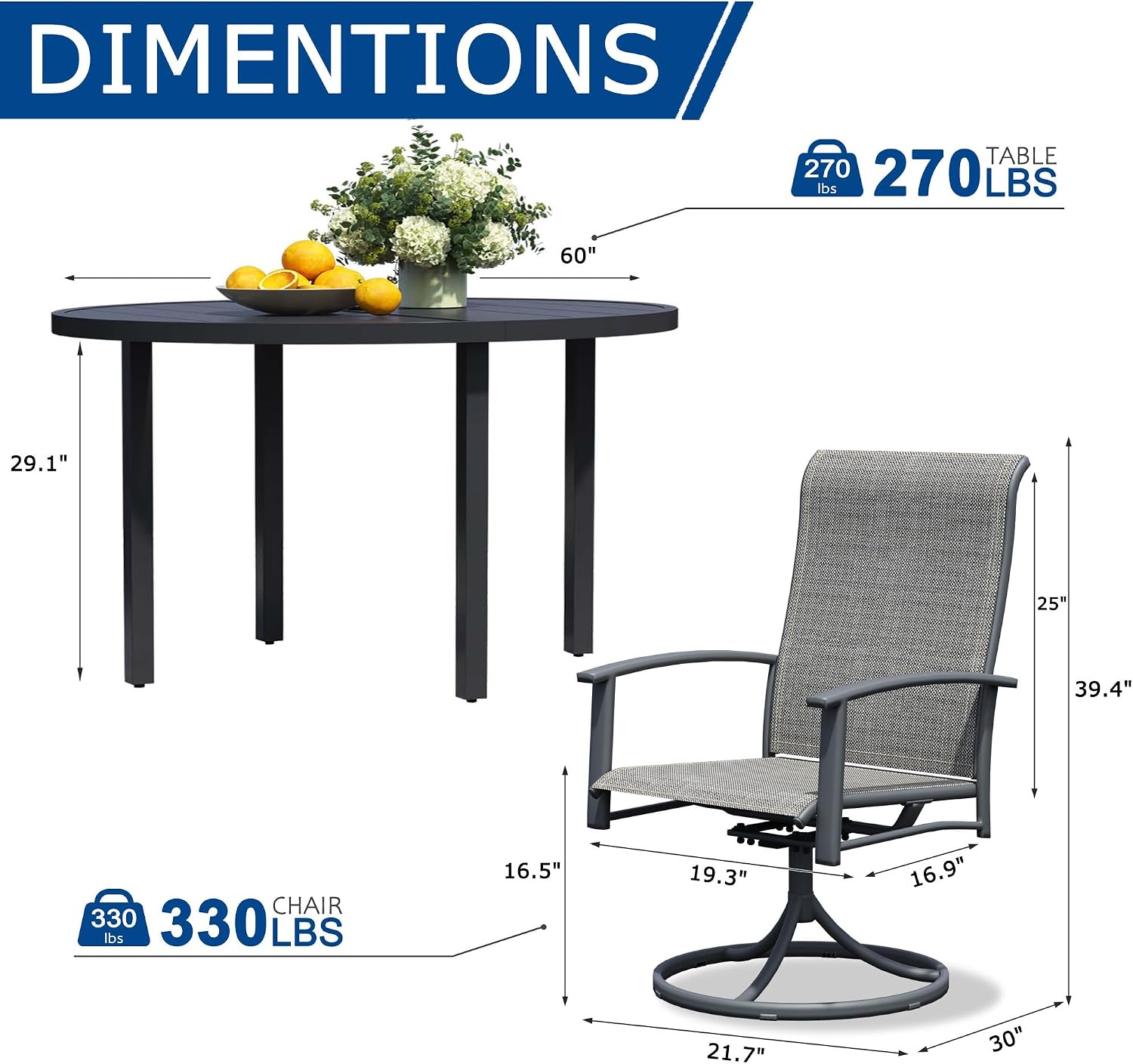 9 Pieces Outdoor Table and Chairs for 8, 60" Black Round Table with 8 Grey Swivel Chairs, Patio Set with Swivel Chair, Garden Tables for Outdoor, Patio Dining Set for Lawn Backyard Poolside