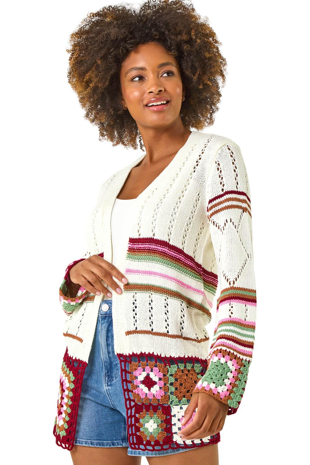 Roman Women's Ivory Edge Crochet Detail Knit Cardigan In | Size: 20
