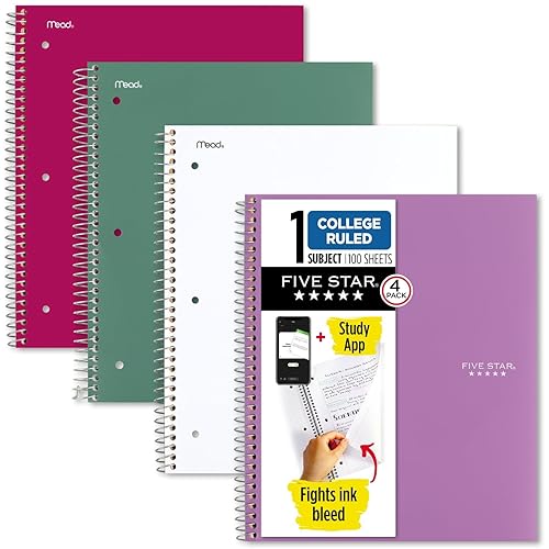 Five Star Spiral Notebooks + Study App, 4 Pack, 1 Subject, College Ruled Paper, 8-1/2" x 11", 100 Sheets, Purple, Pink, White, Green (820337-ECM) - College Ruled