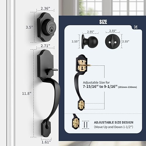 Miniatura 4 de Juego de manijas de puerta delantera resistentes color negro mate, juego clásico de cerrojo y perilla de un solo cilindro, perilla redonda de agarre