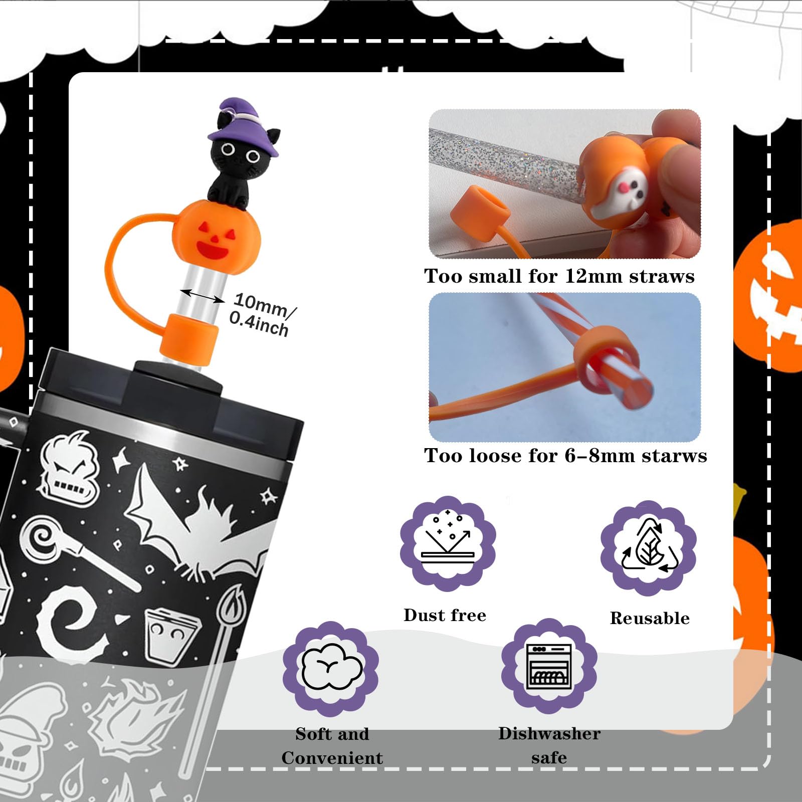 Censuob 8 Pcs Halloween Straw Covers Cap for Stanley Cup 10 mm 0.4in Dustproof Straw Toppers for Stanley Accessories Reusable Silicone Straws Tips for Halloween Gifts - Image 3