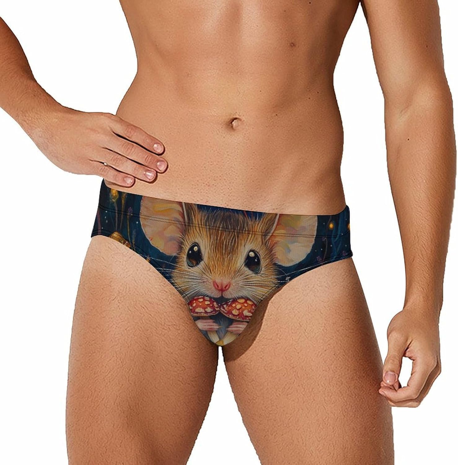 Little Mouse Holding Mushrooms Mens Swim Briefs Print Bikini Swimwear Sport Swimsuit Surf Shorts Trunks