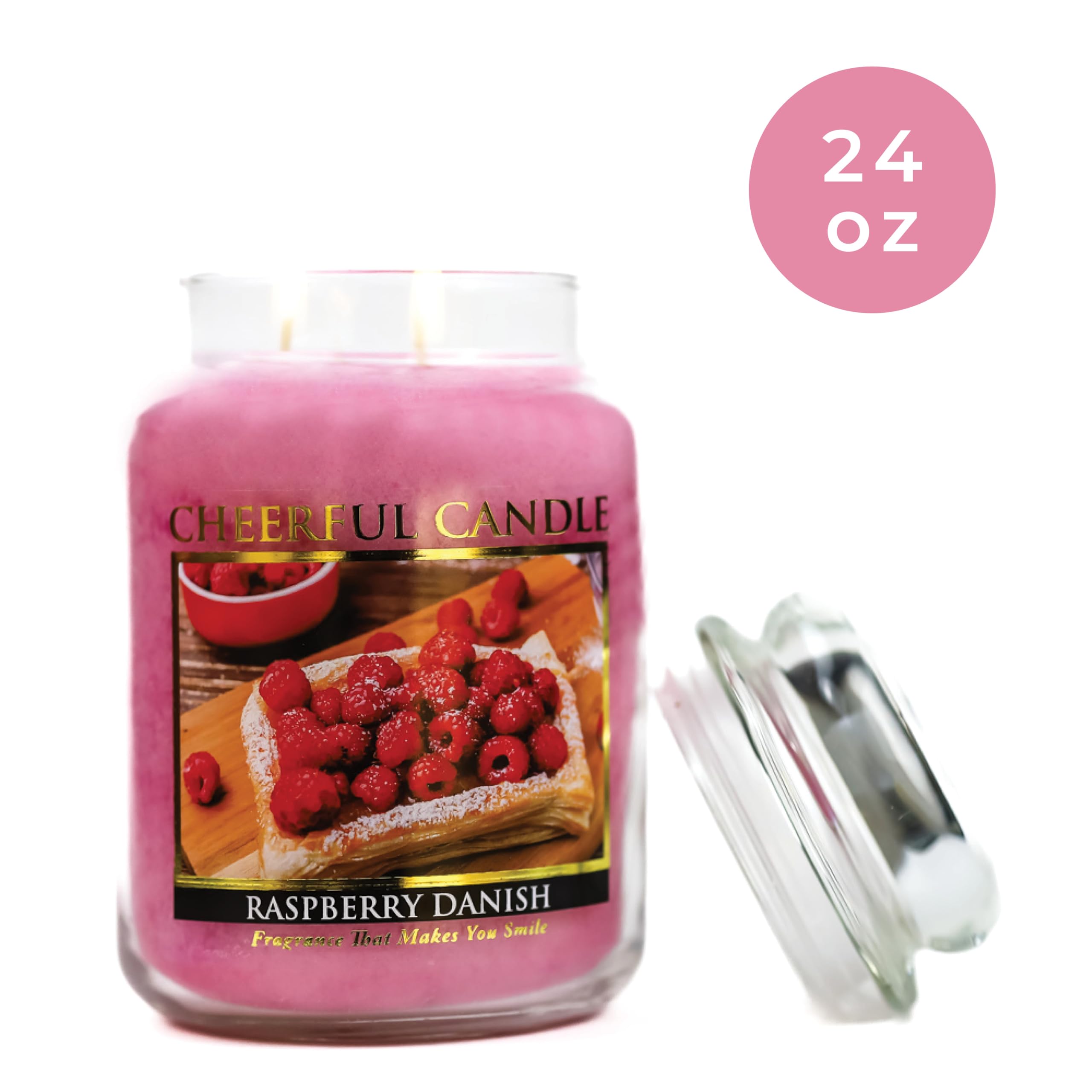 A Cheerful Giver - Raspberry Danish - 24oz Large Scented Candle Jar with Lid - Cheerful Candle - 135 Hours of Burn Time, Christmas Gift for Women, Pink