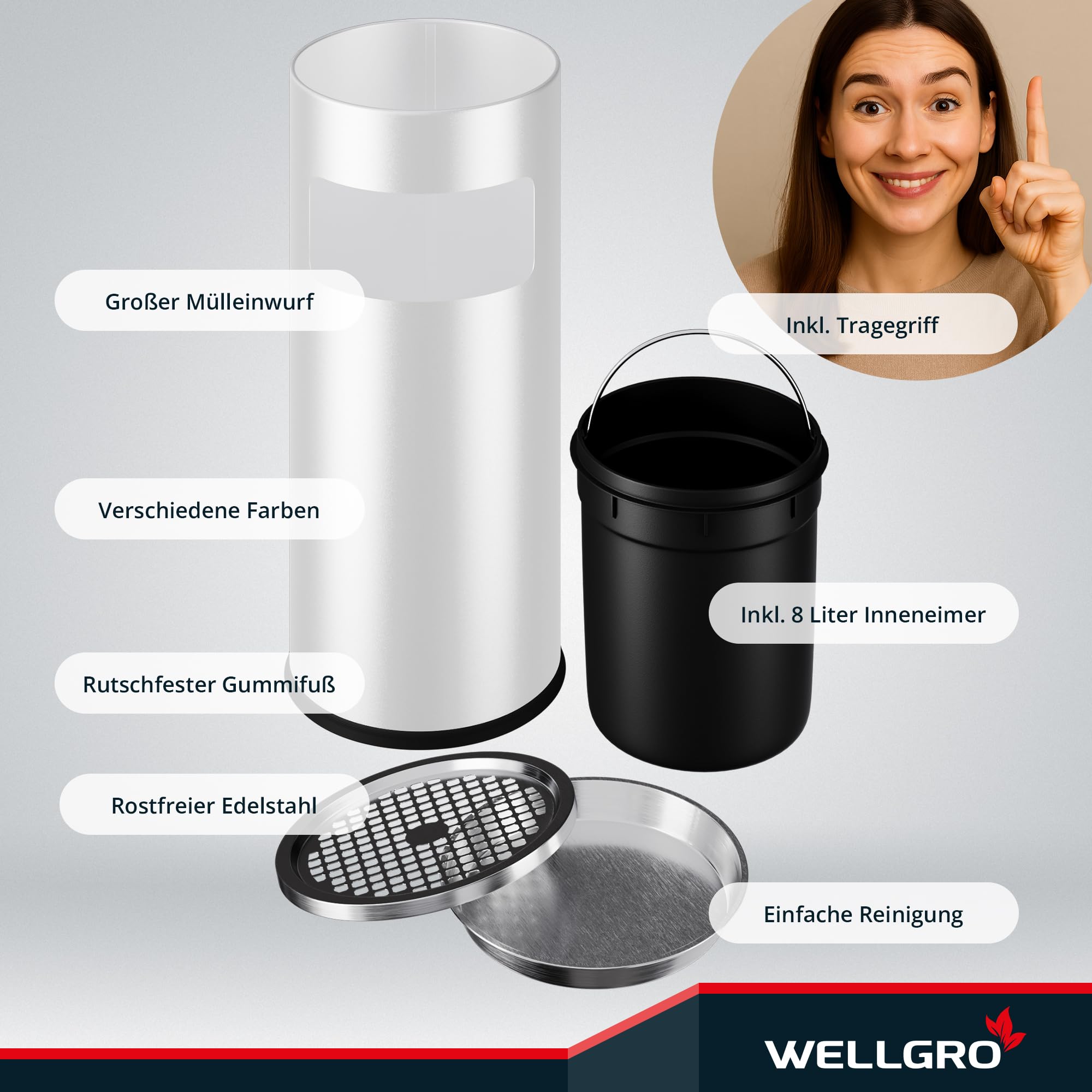 WELLGRO 2 in 1 Standaschenbecher Edelstahl für draußen – Wetterfester Standascher weiß mit Mülleimer & Abfalleimer, großer Aschenbecher für
