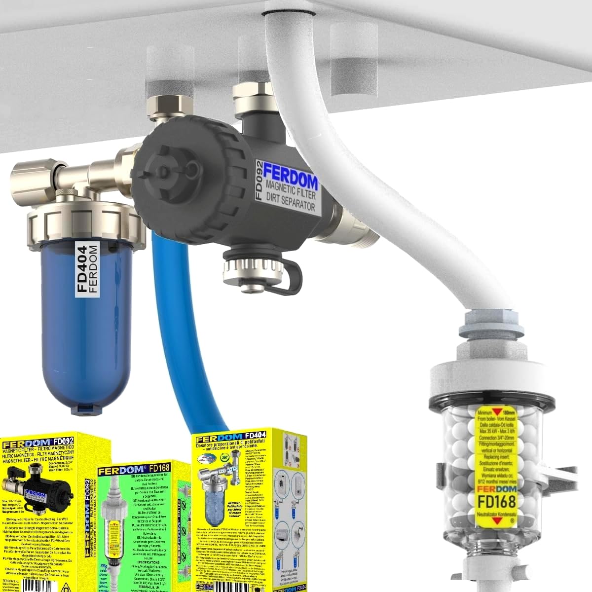 KIT SALVA CALDAIA FD111 Ferdom. 3In1. Filtro Defangatore Magnetico Sottocaldaia +Anticalcare Dosatore Proporzionale Di Polifosfati +Neutralizzatore Di Condensa. Per caldaie fino a 24kW. Fai-da-te. NEW