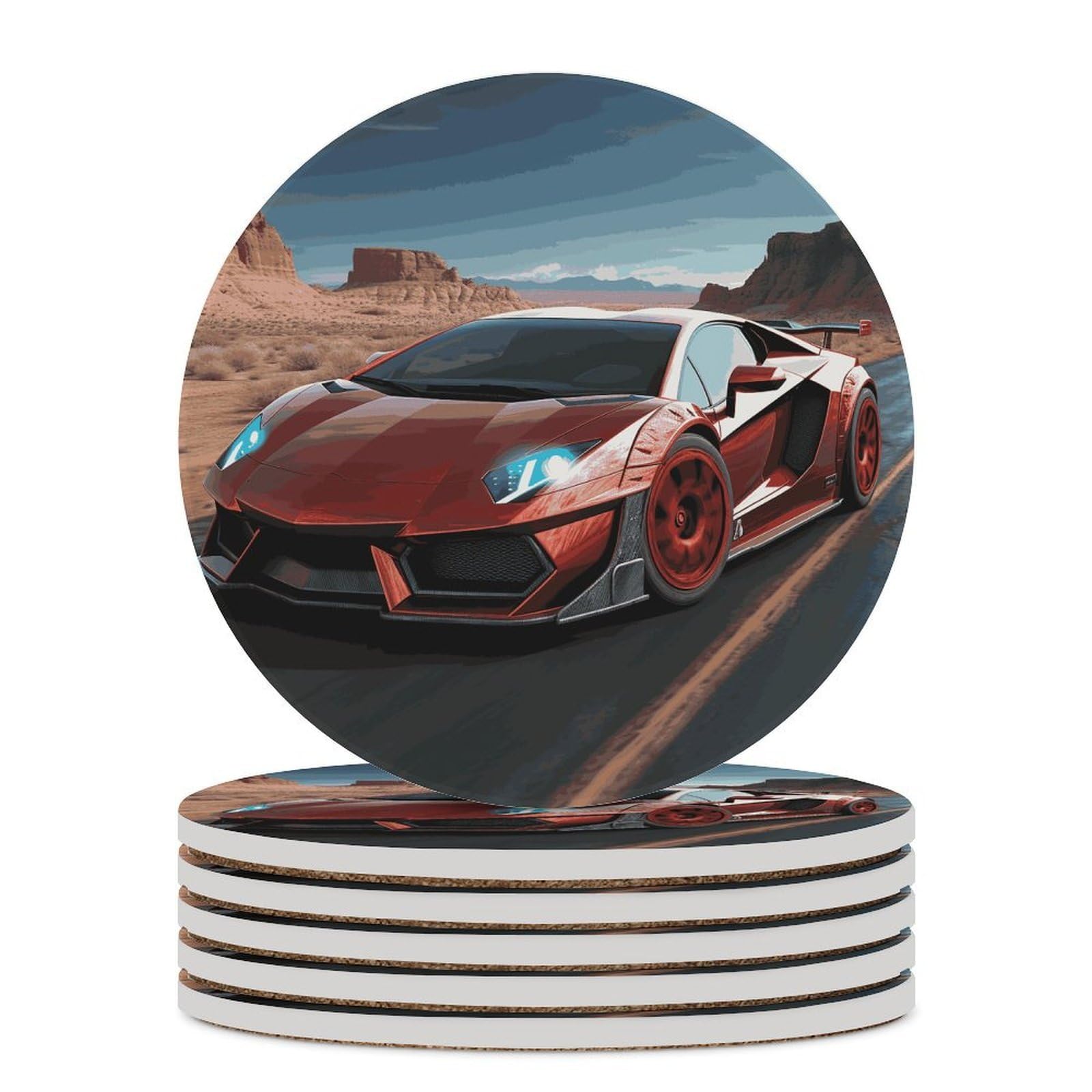Red Race Car podstawki pod napoje z uchwytem na stolik kawowy, ceramiczna podstawka z podstawą korkową, ceramiczna podstawka z kamienia do mrożonych zimnych lub gorących napojów, 10 cm