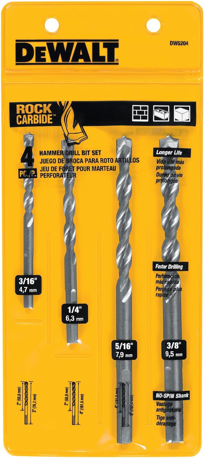 DEWALT Masonry Drill Bit Set, Percussion, 4-Piece (DW5204)