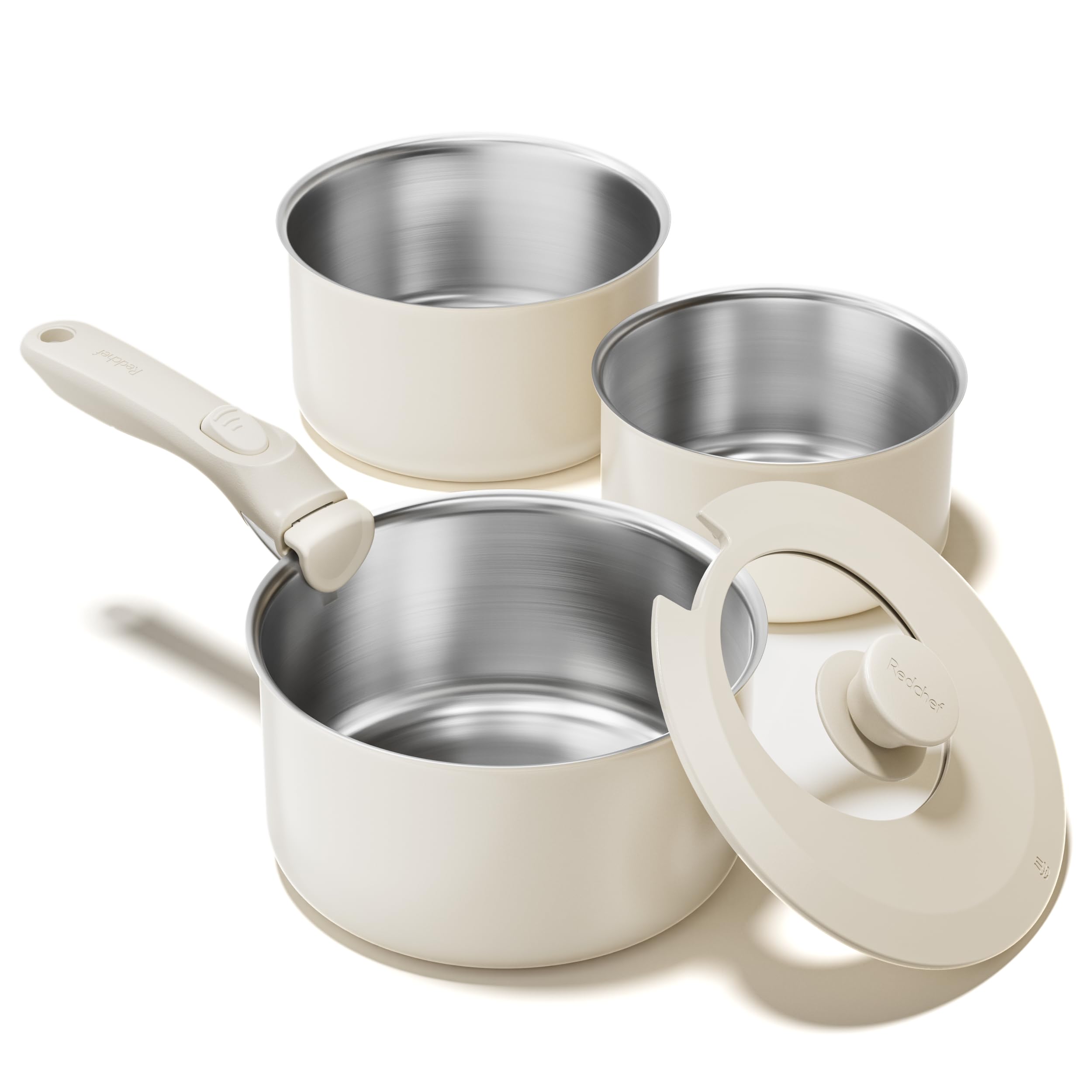 Redchef Batterie de cuisine induction acier inoxydable avec poignées amovibles, set 3 casseroles non revêtue 16/18/20 cm, compatible tous feux, couvercle 3 en 1, passe au four (beige)