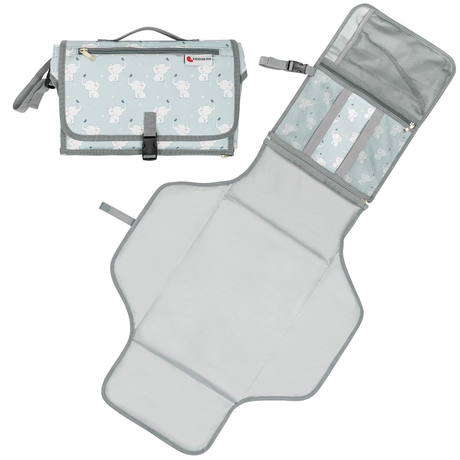 Kiddibean Clutch Diaper Changing Pad - Waterproof Baby Travel Changing Station –Portable and Easy to use - Built-in Head Cushion – Multiple Pockets - Cute Elephant Print (Grey)
