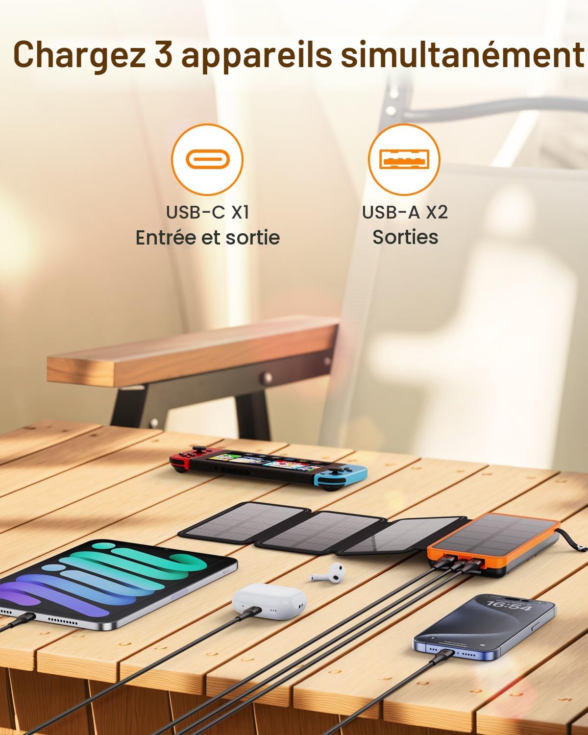 FEELLE Chargeur Solaire 25000mAh, Solaire Batterie Externe avec Double Sortie USB 3,0A et 4 Panneaux Solaires Pliables Chargeur Portable pour Smartphone, Tablette, Camping et Plus (Orange)