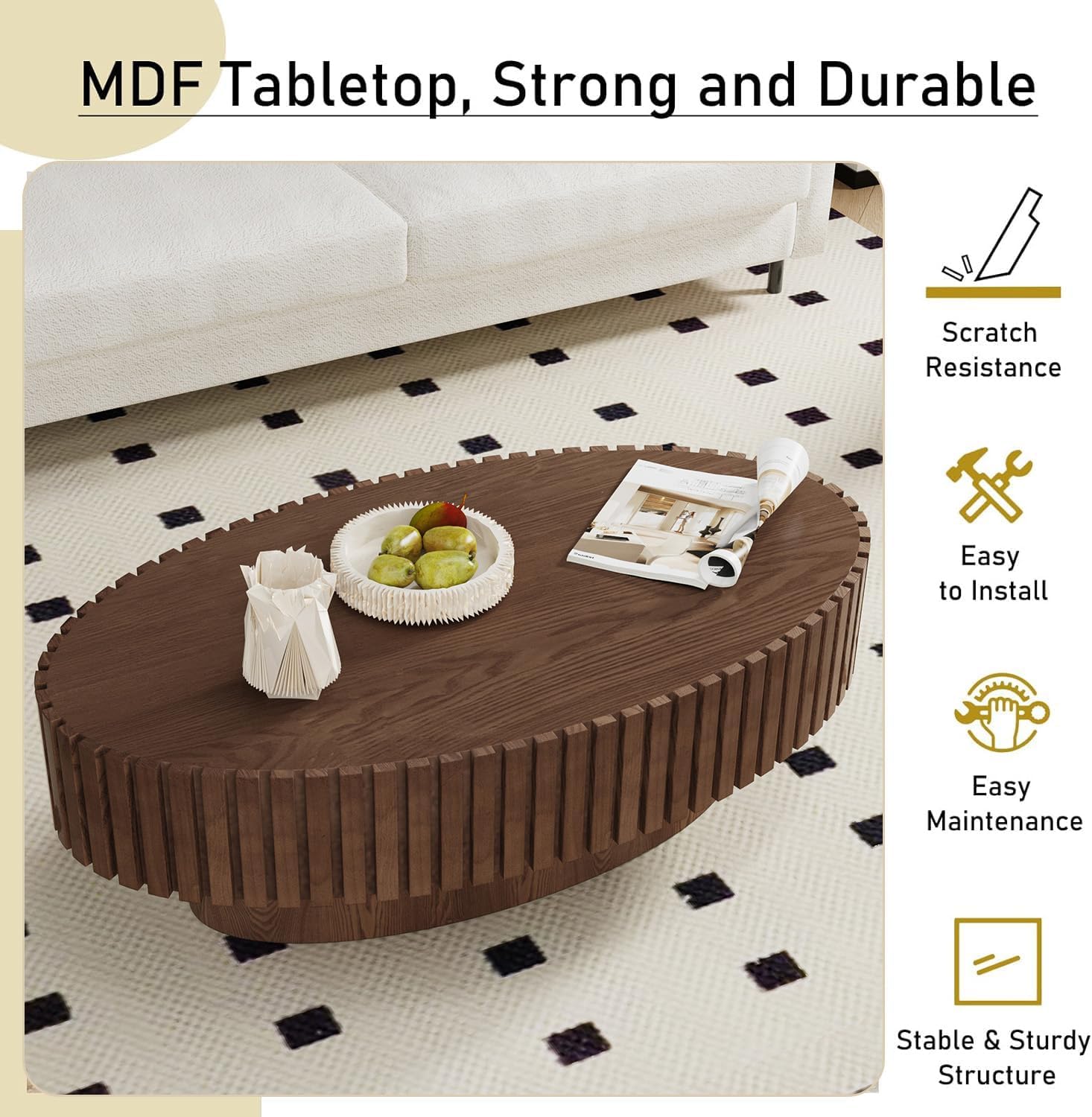 Oval Fluted Coffee Table Mid Century Modern Coffee Tables with Handcrafted Relief Ellipse Drum End Table Rustic Industrial Center Tables for Apartment Living Room (Brown Oval)