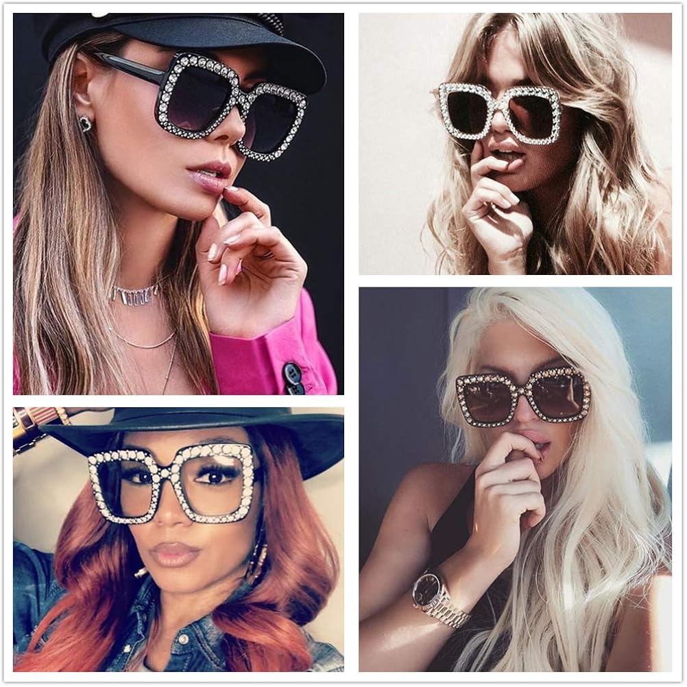 Face Shadow Square Rhinestone Oversized Sunglasses Metal Frame Retro Bling Sun glasses for Women