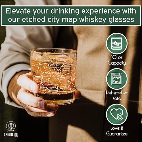 Miniatura 5 de Vasos tradicionales de whisky, diseño grabado de mapa de la ciudad (2 unidades), Nashville