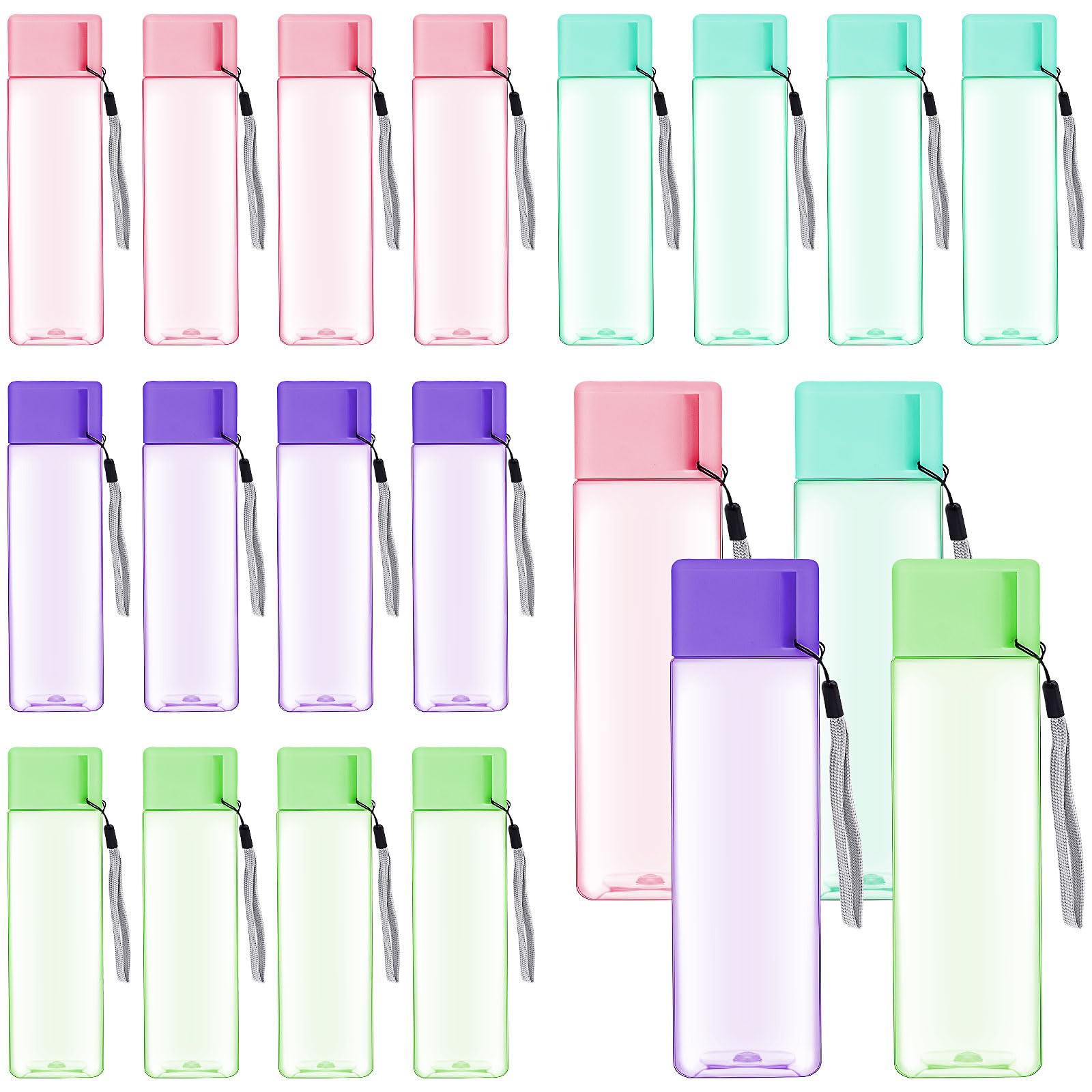 Lot de 20 Plastique Gourdes d’Eau 500ml pour Enfants – Bouteilles de Sport Réutilisables en Plastique avec Anse, Anti-Fuite, pour École, Salle de Sport, Activité Extérieure, Voyage