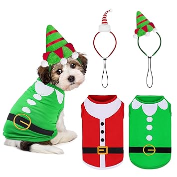 Pedgot 2 Pack Christmas Sleeveless Dog Shirts with Christmas Dog Headbands Pet Clothes Elf and Santa Costume Set for Christmas Holiday Dog Cat Cosplay Apparel (Small)