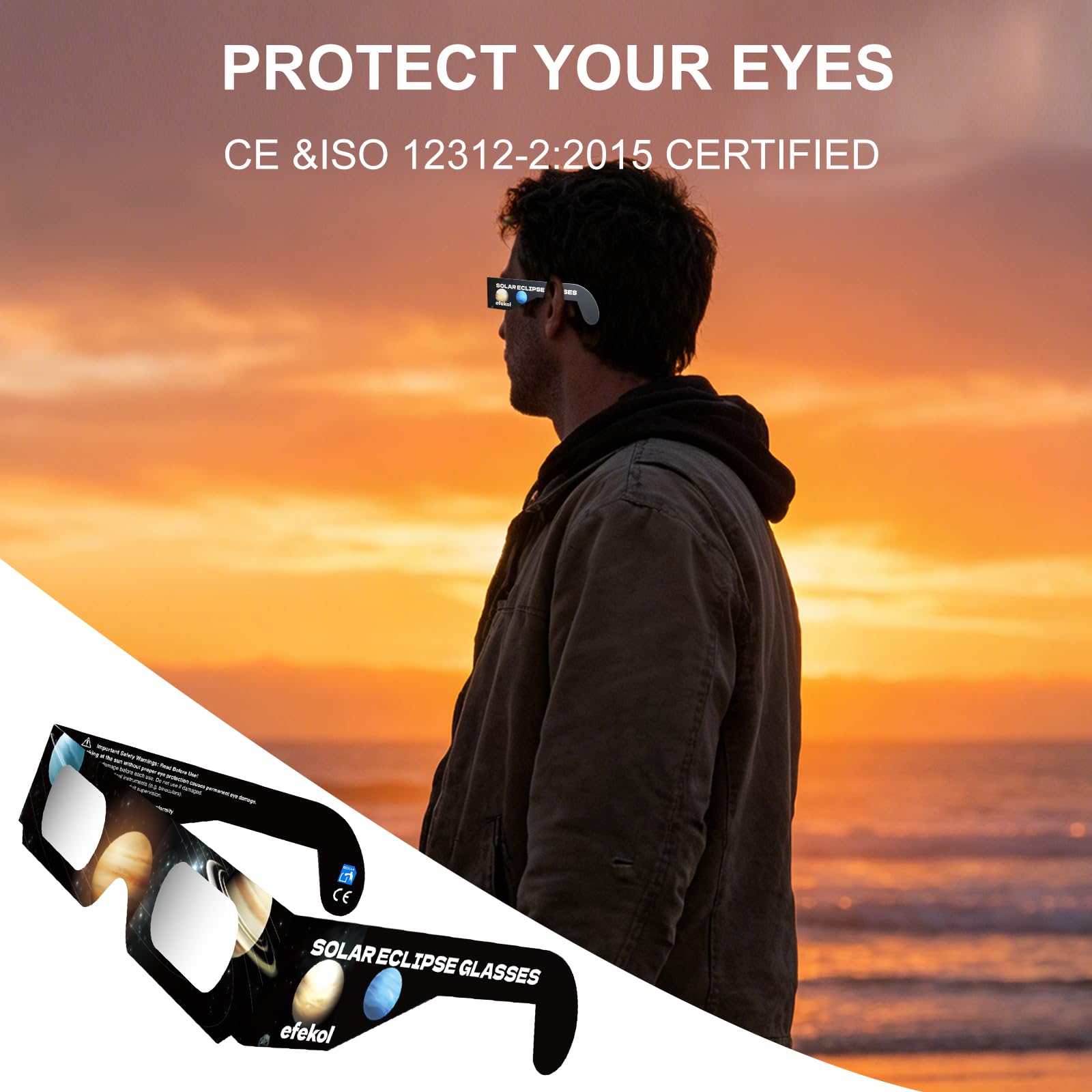 efekol Gafas Eclipse Solar Homologadas (12 Pack) - Certificación CE y EN ISO 12312-2 para Observación Segura del Sol - Eclipse Total 12 de Agosto de 2026 (Total en España, Parcial en Europa)